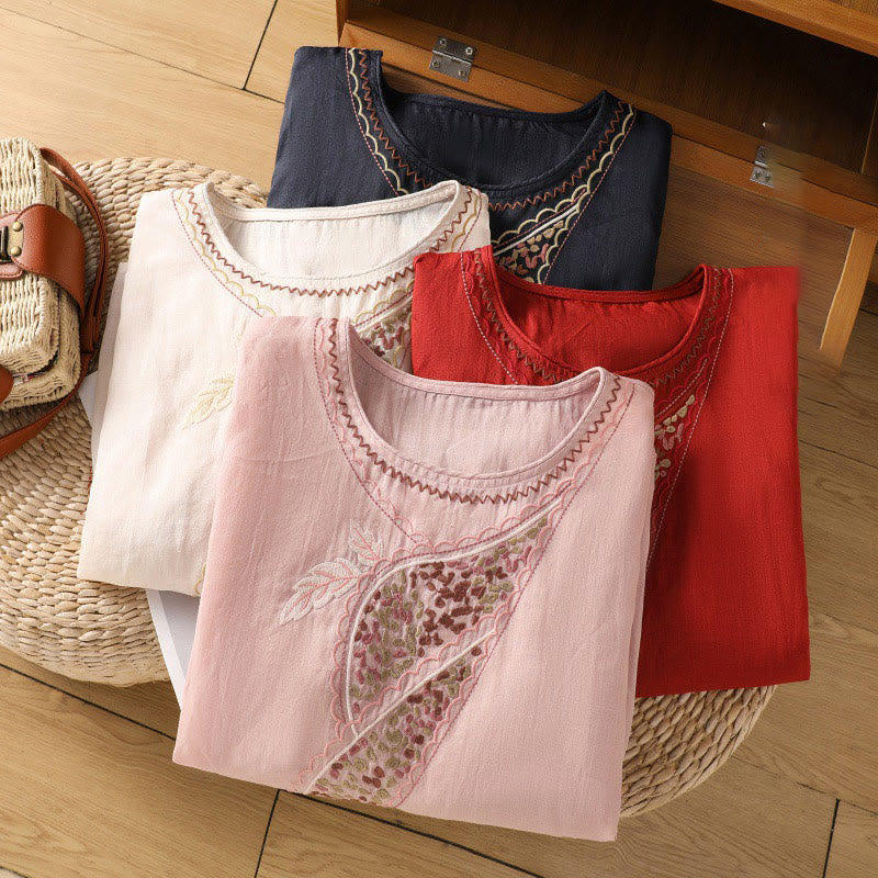 Jersey de lino y algodón con cuello redondo y bordado étnico de Buddha Stones - image 35