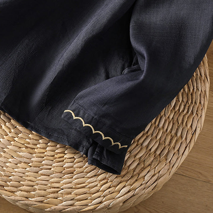 Jersey de lino y algodón con cuello redondo y bordado étnico de Buddha Stones - image 9