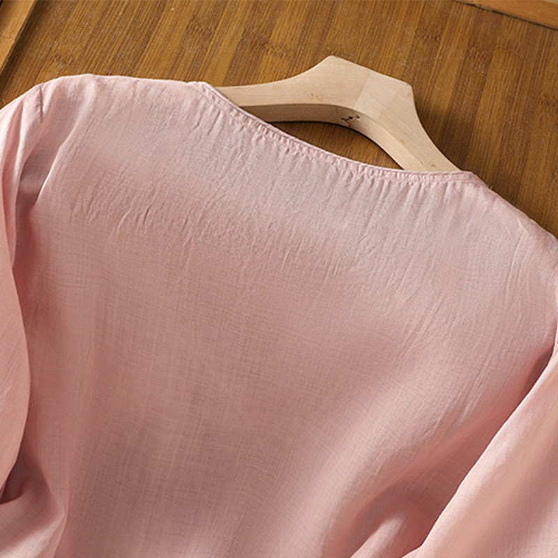 Jersey de lino y algodón con cuello redondo y bordado étnico de Buddha Stones - image 26