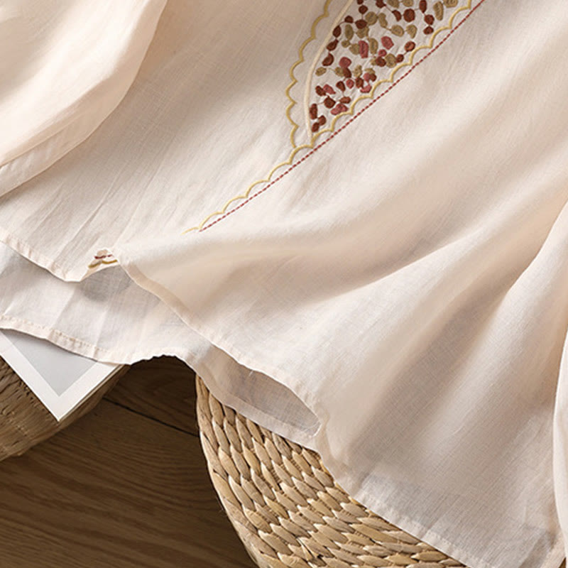 Jersey de lino y algodón con cuello redondo y bordado étnico de Buddha Stones - image 29