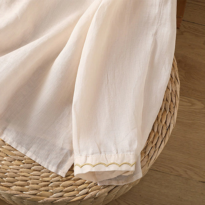 Jersey de lino y algodón con cuello redondo y bordado étnico de Buddha Stones - image 33