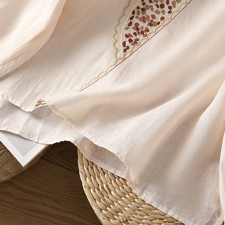 Jersey de lino y algodón con cuello redondo y bordado étnico de Buddha Stones - image 29