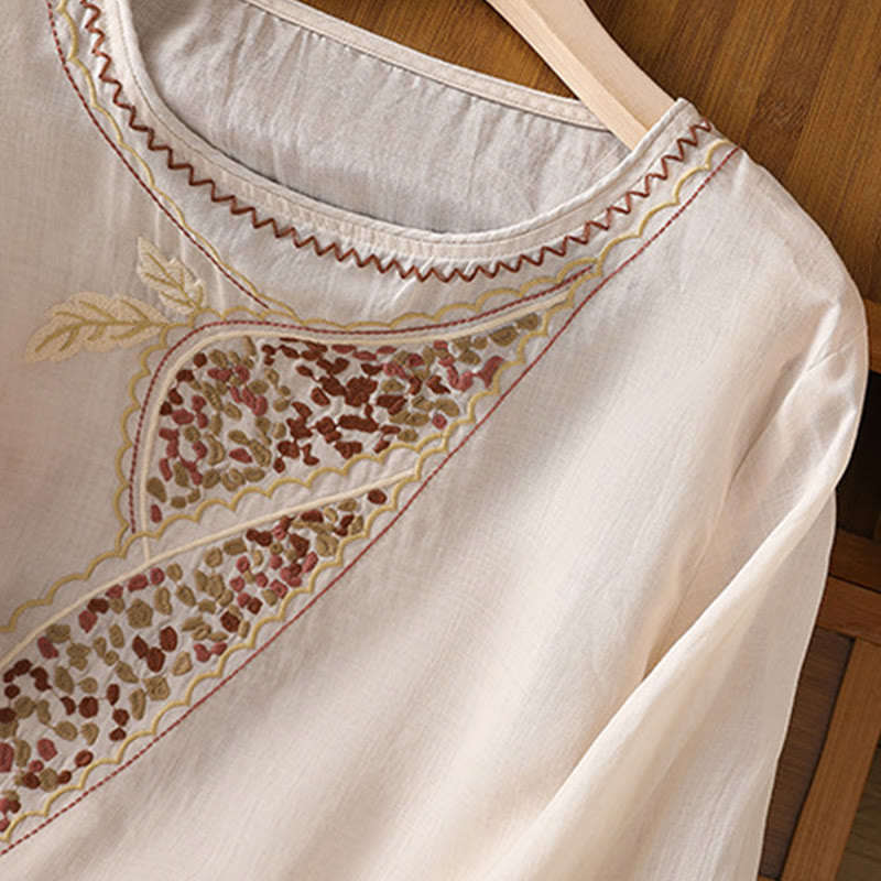 Jersey de lino y algodón con cuello redondo y bordado étnico de Buddha Stones - image 27