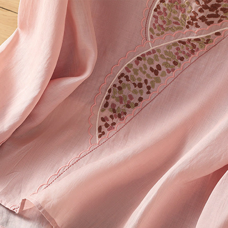 Jersey de lino y algodón con cuello redondo y bordado étnico de Buddha Stones - image 22