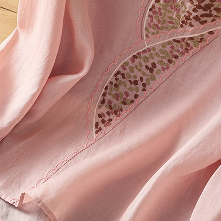 Jersey de lino y algodón con cuello redondo y bordado étnico de Buddha Stones - image 22