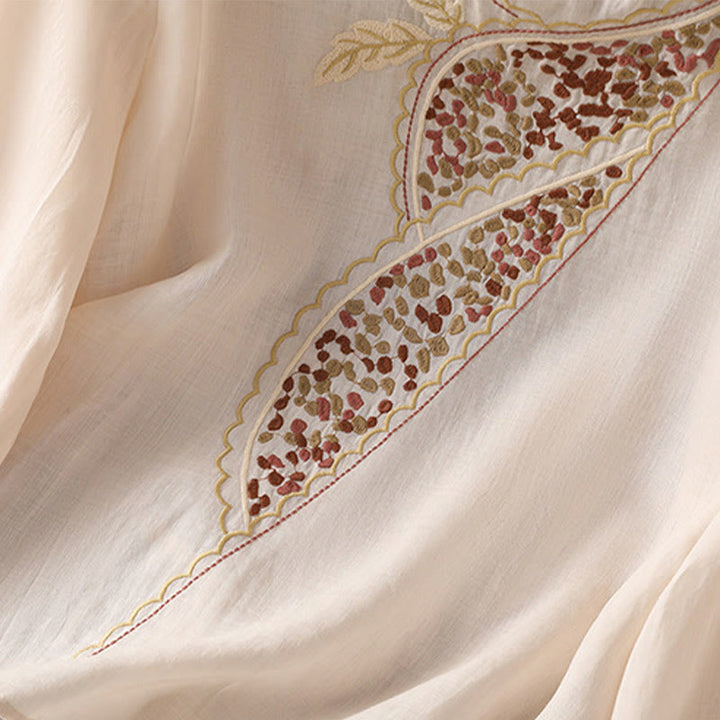 Jersey de lino y algodón con cuello redondo y bordado étnico de Buddha Stones - image 28