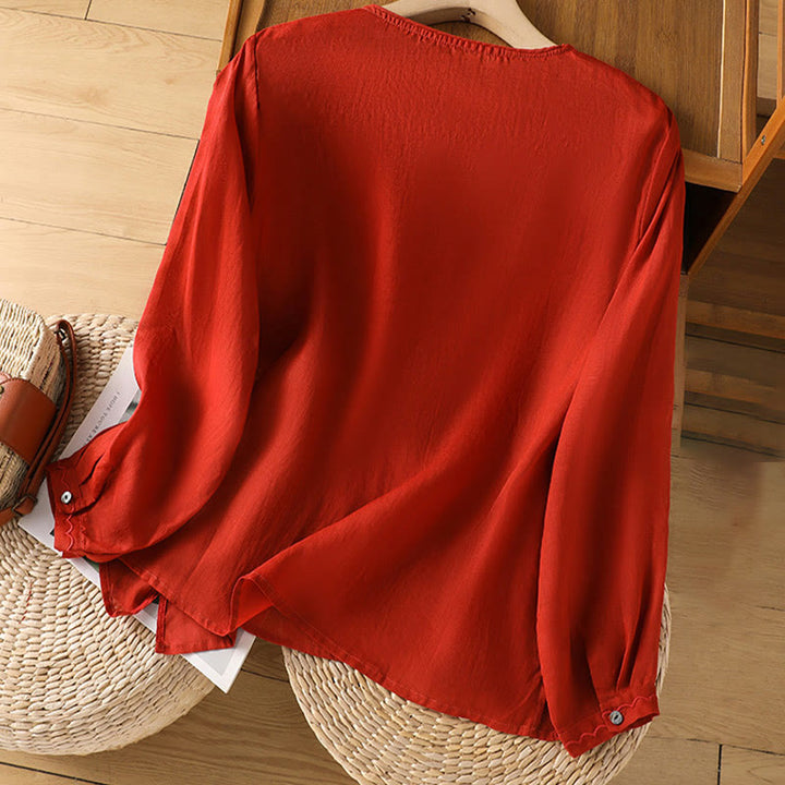 Jersey de lino y algodón con cuello redondo y bordado étnico de Buddha Stones - image 12