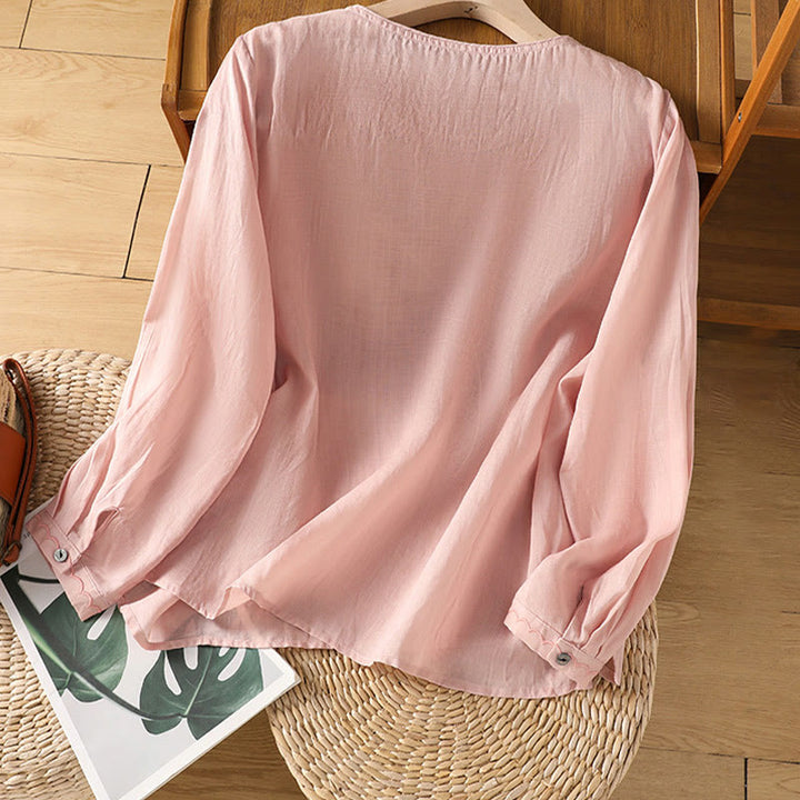 Jersey de lino y algodón con cuello redondo y bordado étnico de Buddha Stones - image 20