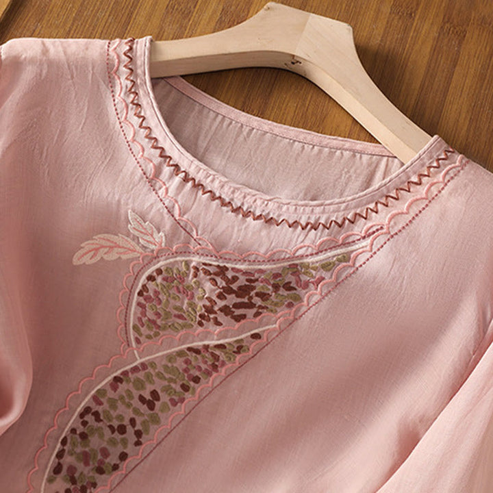 Jersey de lino y algodón con cuello redondo y bordado étnico de Buddha Stones - image 21