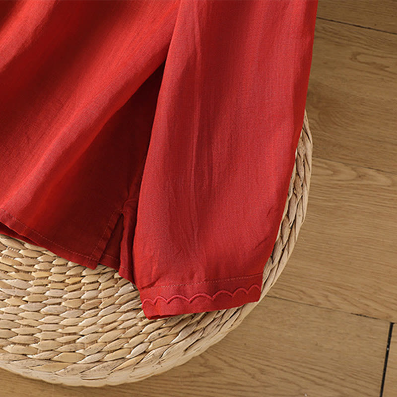 Jersey de lino y algodón con cuello redondo y bordado étnico de Buddha Stones - image 17