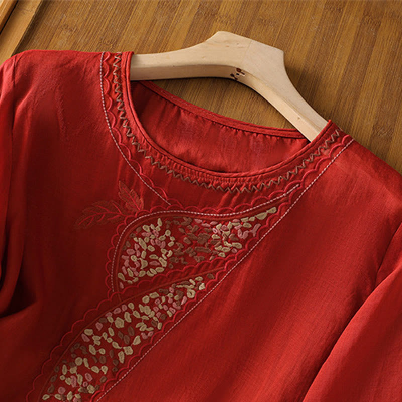 Jersey de lino y algodón con cuello redondo y bordado étnico de Buddha Stones - image 13