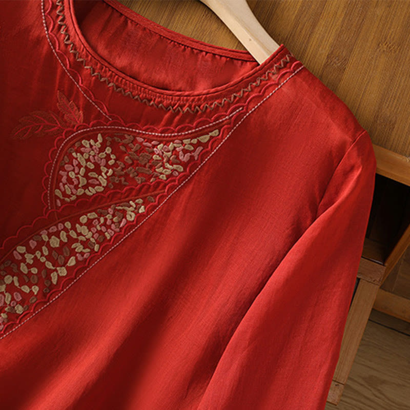 Jersey de lino y algodón con cuello redondo y bordado étnico de Buddha Stones - image 14