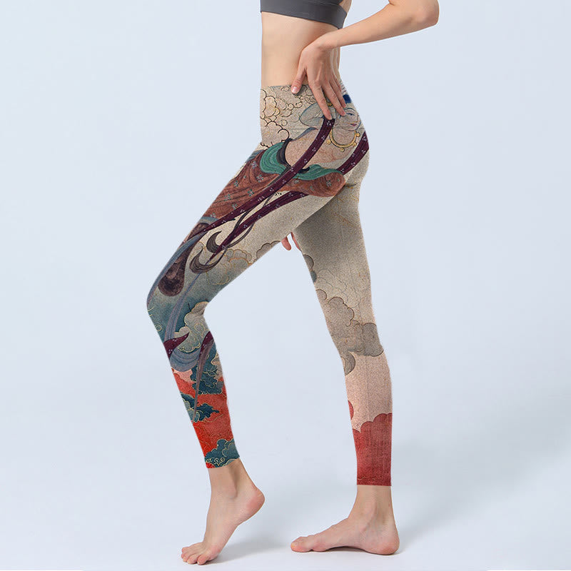 Leggings de fitness con estampado de nubes auspiciosas, apsaras voladoras y Buddha Stones para mujer - image 4