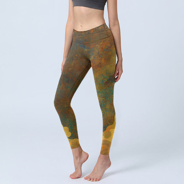 Leggings de fitness de tela de lycra con estampado de nubes auspiciosas y Buddha Stones para mujer - Vara de oro oscura - US18，UK/AU22，EU50 (4XL) - image 1