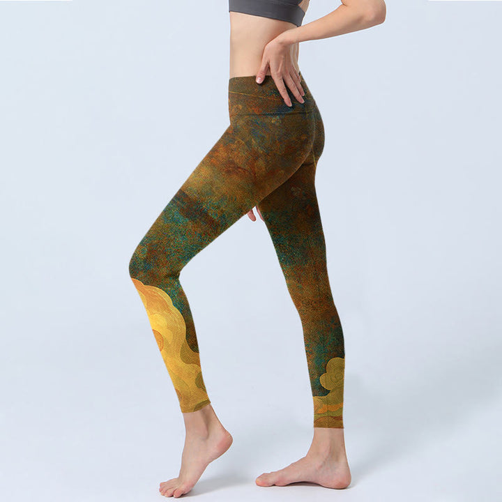 Leggings de fitness de tela de lycra con estampado de nubes auspiciosas y Buddha Stones para mujer - image 4