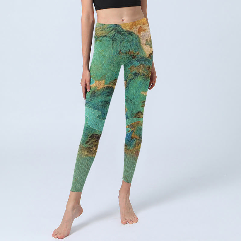 Leggings de yoga para mujer de tejido de licra con estampado de paisaje de montañas verdes y Buddha Stones de estilo chino - image 5