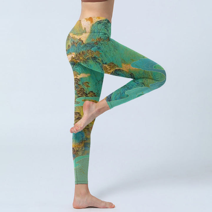 Leggings de yoga para mujer de tejido de licra con estampado de paisaje de montañas verdes y Buddha Stones de estilo chino - image 4