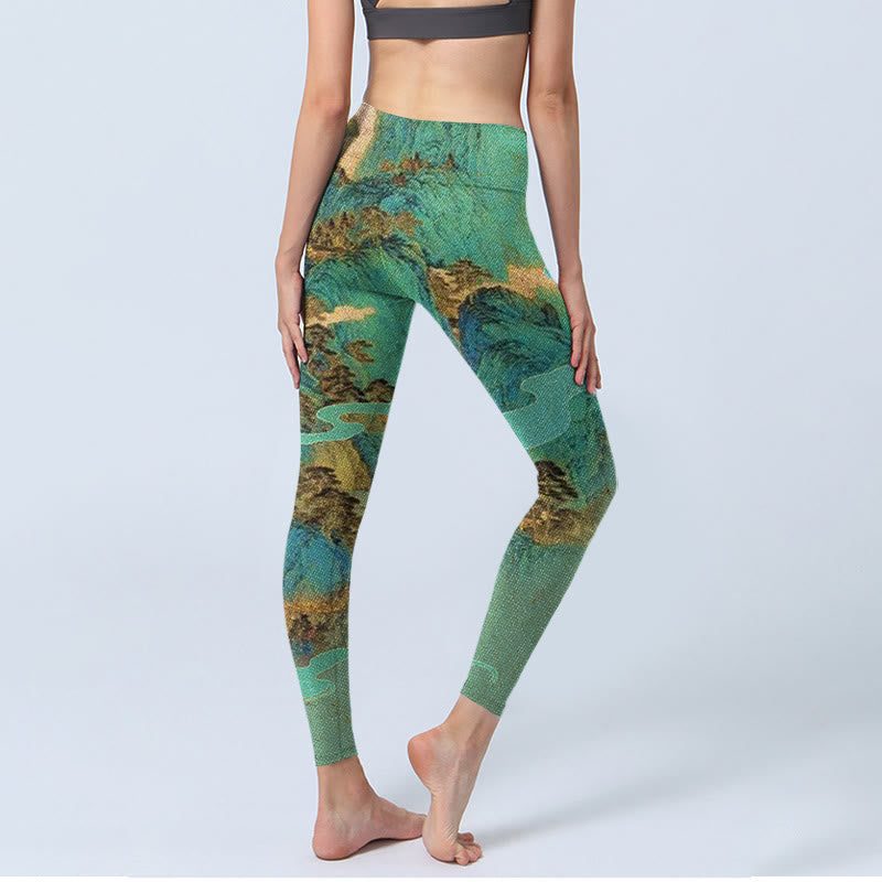Leggings de yoga para mujer de tejido de licra con estampado de paisaje de montañas verdes y Buddha Stones de estilo chino - image 3