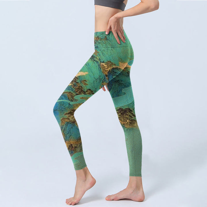 Leggings de yoga para mujer de tejido de licra con estampado de paisaje de montañas verdes y Buddha Stones de estilo chino - image 2