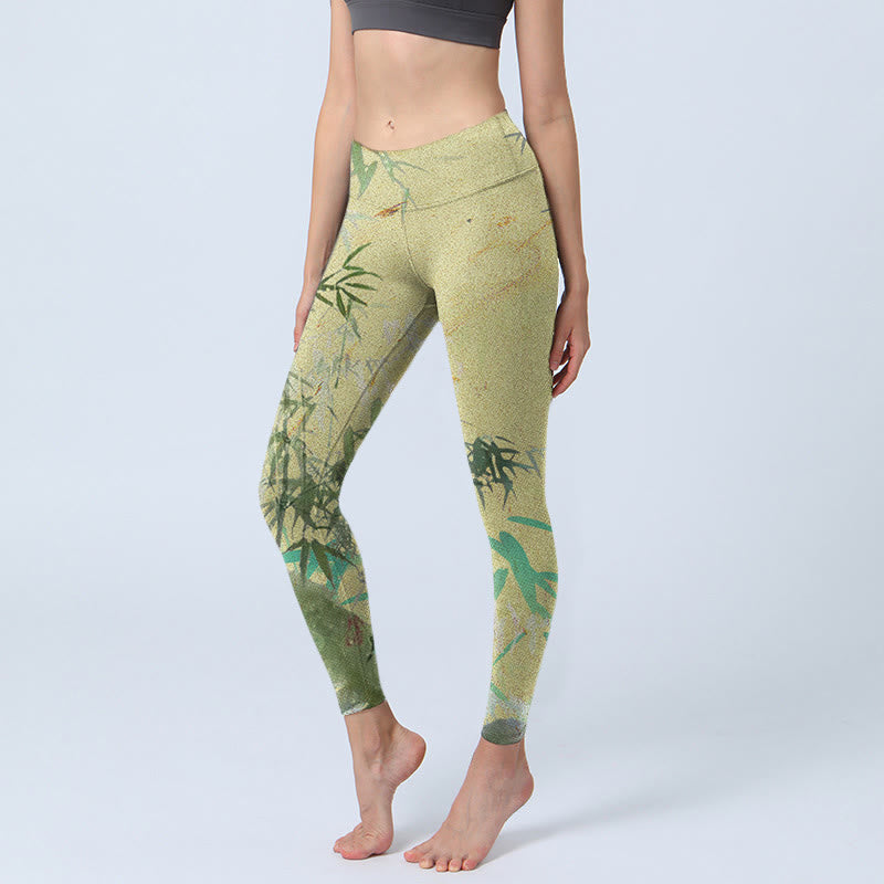 Leggings de fitness de tejido de lycra con estampado de bambú y Buddha Stones para mujer - Vara de oro pálida - US18，UK/AU22，EU50 (4XL) - image 1