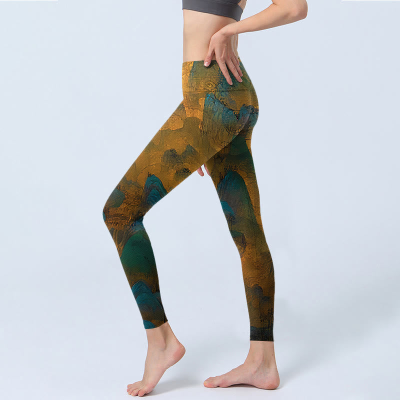 Leggings de fitness con estampado de montaña en color dorado oscuro y Buddha Stones para mujer - image 2