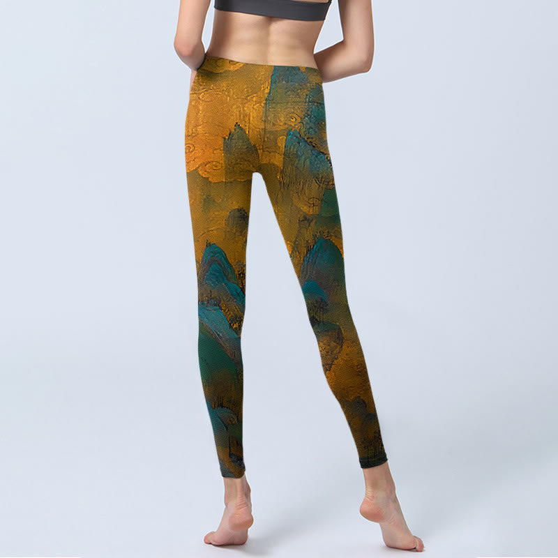 Leggings de fitness con estampado de montaña en color dorado oscuro y Buddha Stones para mujer - image 6