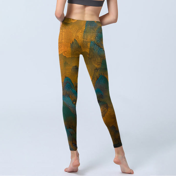 Leggings de fitness con estampado de montaña en color dorado oscuro y Buddha Stones para mujer - image 6
