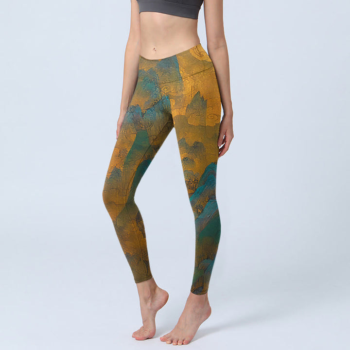 Leggings de fitness con estampado de montaña en color dorado oscuro y Buddha Stones para mujer - Vara de oro oscura - US18，UK/AU22，EU50 (4XL) - image 0