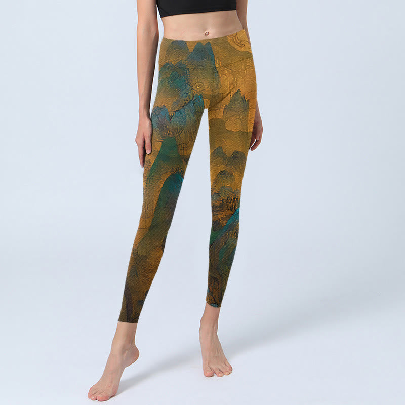 Leggings de fitness con estampado de montaña en color dorado oscuro y Buddha Stones para mujer - image 5