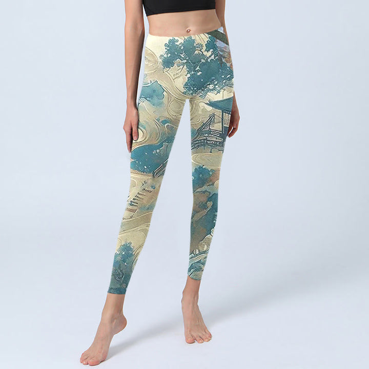 Pantalones de yoga para mujer con estampado de arquitectura china y Buddha Stones en color verde mar oscuro - image 6