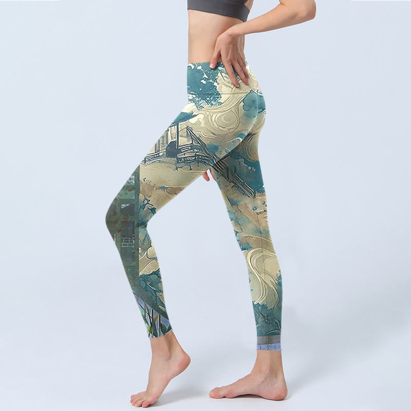 Pantalones de yoga para mujer con estampado de arquitectura china y Buddha Stones en color verde mar oscuro - image 3
