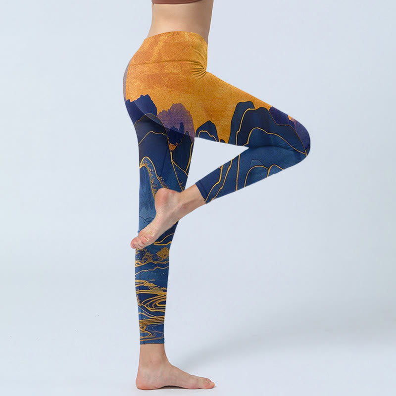 Leggings de fitness con estampado de puesta de sol en la montaña en azul oscuro y Buddha Stones para mujer - image 5