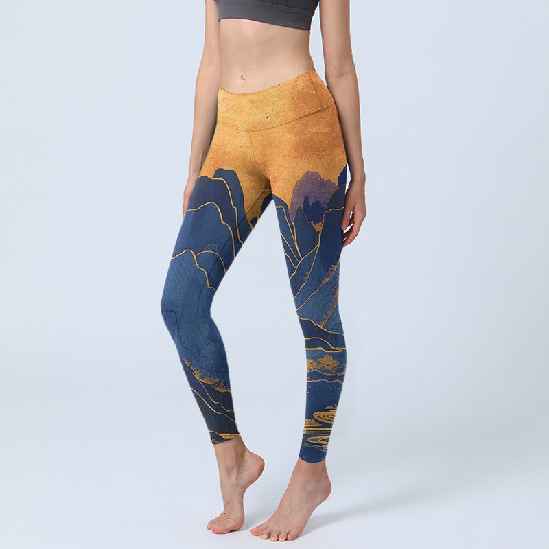 Leggings de fitness con estampado de puesta de sol en la montaña en azul oscuro y Buddha Stones para mujer - Azul medianoche - US18，UK/AU22，EU50 (4XL) - image 1