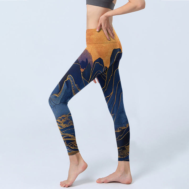 Leggings de fitness con estampado de puesta de sol en la montaña en azul oscuro y Buddha Stones para mujer - image 2