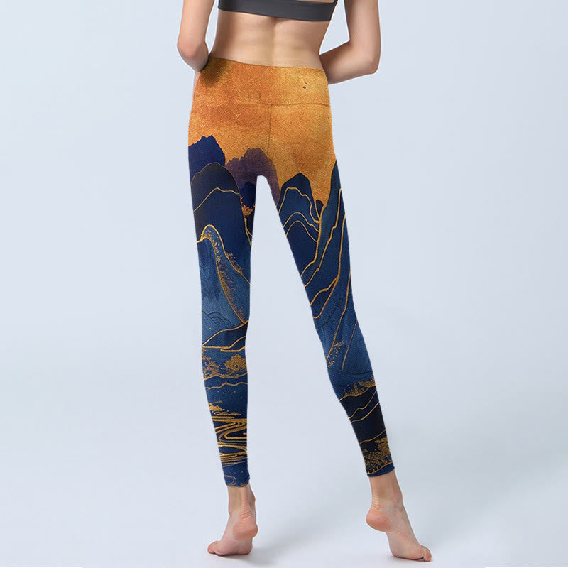 Leggings de fitness con estampado de puesta de sol en la montaña en azul oscuro y Buddha Stones para mujer - image 6