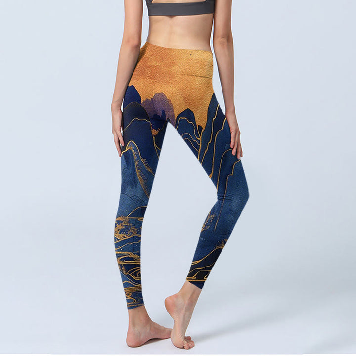 Leggings de fitness con estampado de puesta de sol en la montaña en azul oscuro y Buddha Stones para mujer - image 3