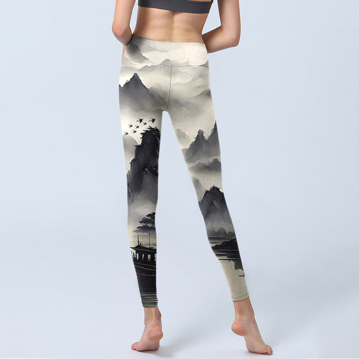 Leggings de fitness para mujer con estampado de pintura de paisaje con salpicaduras de tinta y Buddha Stones - image 7