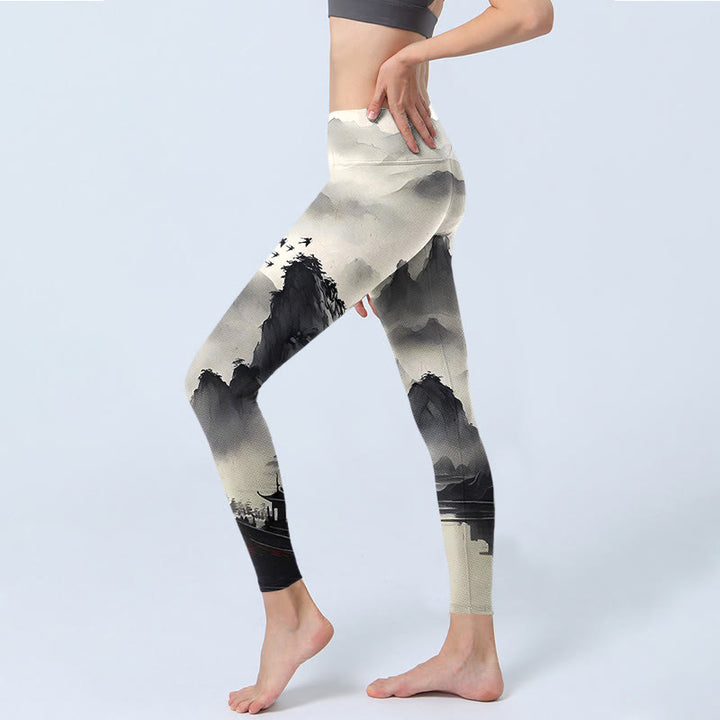 Leggings de fitness para mujer con estampado de pintura de paisaje con salpicaduras de tinta y Buddha Stones - image 4