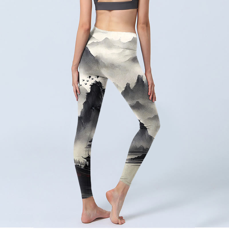 Leggings de fitness para mujer con estampado de pintura de paisaje con salpicaduras de tinta y Buddha Stones - image 5