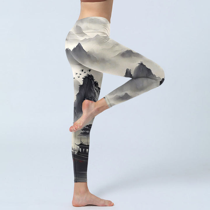 Leggings de fitness para mujer con estampado de pintura de paisaje con salpicaduras de tinta y Buddha Stones - image 6