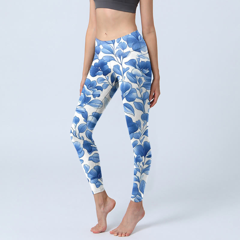 Leggings de fitness con estampado de flores azules y Buddha Stones para mujer - Azul cielo claro - US18，UK/AU22，EU50 (4XL) - image 1