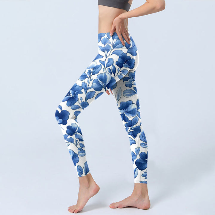 Leggings de fitness con estampado de flores azules y Buddha Stones para mujer - image 3