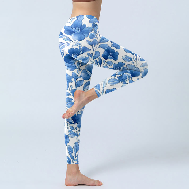 Leggings de fitness con estampado de flores azules y Buddha Stones para mujer - image 4