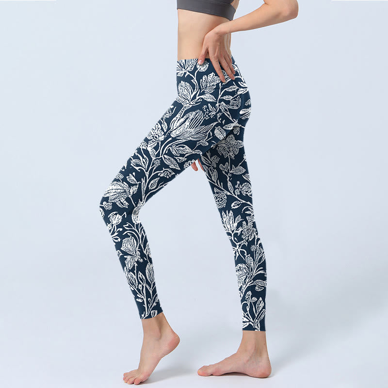 Leggings de fitness con estampado de flores en azul oscuro y Buddha Stones para mujer - image 3