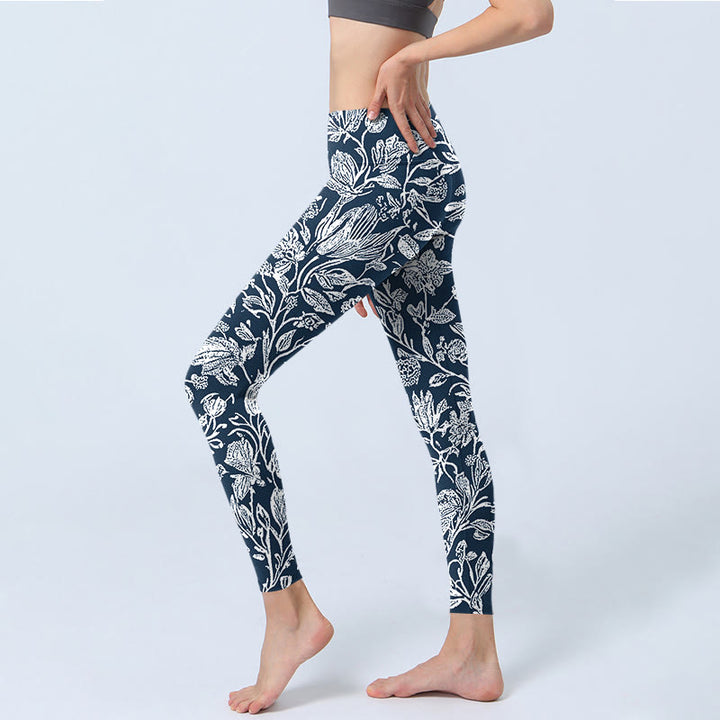 Leggings de fitness con estampado de flores en azul oscuro y Buddha Stones para mujer - image 3
