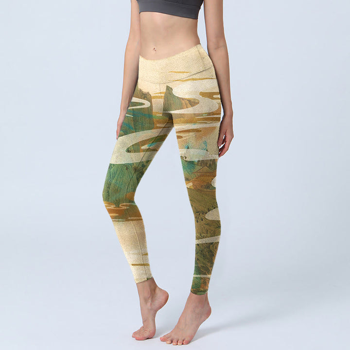 Leggings de fitness con estampado de Buddha Stones, montañas verdes, nubes y niebla, pantalones de yoga para mujer - LimónChiffon - US18，UK/AU22，EU50 (4XL) - image 1
