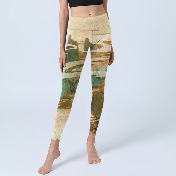 Leggings de fitness con estampado de Buddha Stones, montañas verdes, nubes y niebla, pantalones de yoga para mujer - image 6
