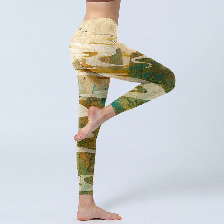 Leggings de fitness con estampado de Buddha Stones, montañas verdes, nubes y niebla, pantalones de yoga para mujer - image 3