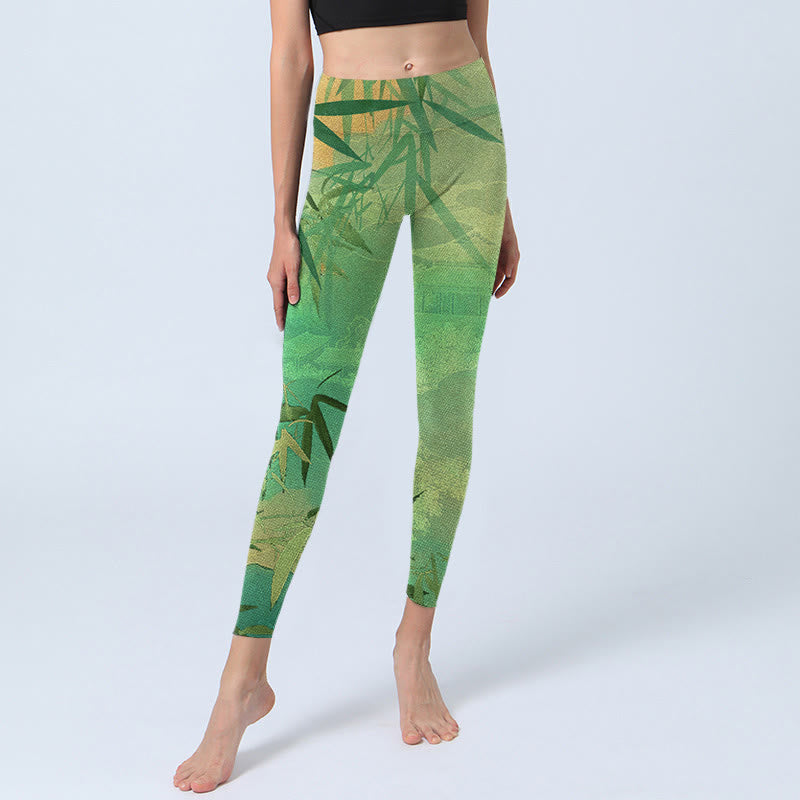 Leggings de yoga para mujer con estampado de pabellón de bambú verde y Buddha Stones - image 7