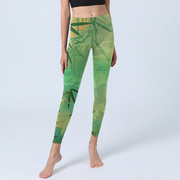 Leggings de yoga para mujer con estampado de pabellón de bambú verde y Buddha Stones - image 7